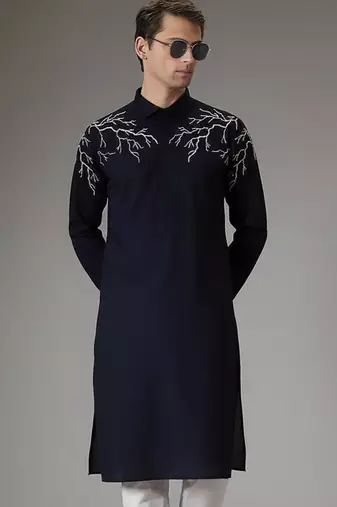 Navy embroidered cotton kurta