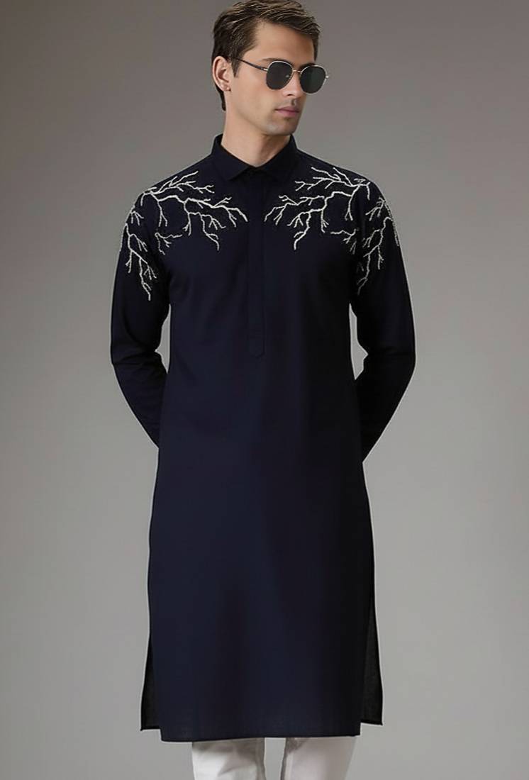 Navy embroidered cotton kurta