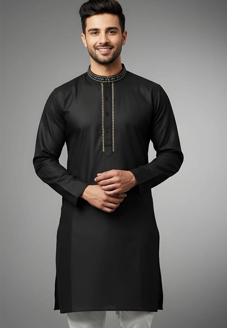 Black embroidered cotton kurta
