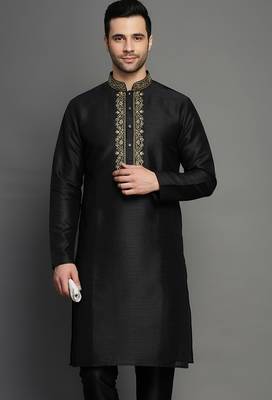 Black embroidered dupion silk kurta 1