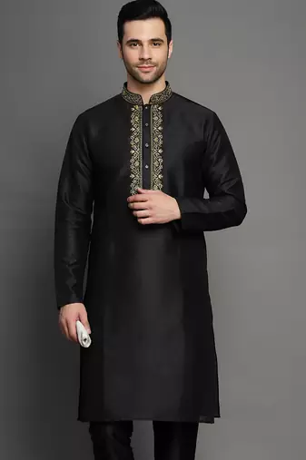 Black embroidered dupion silk kurta