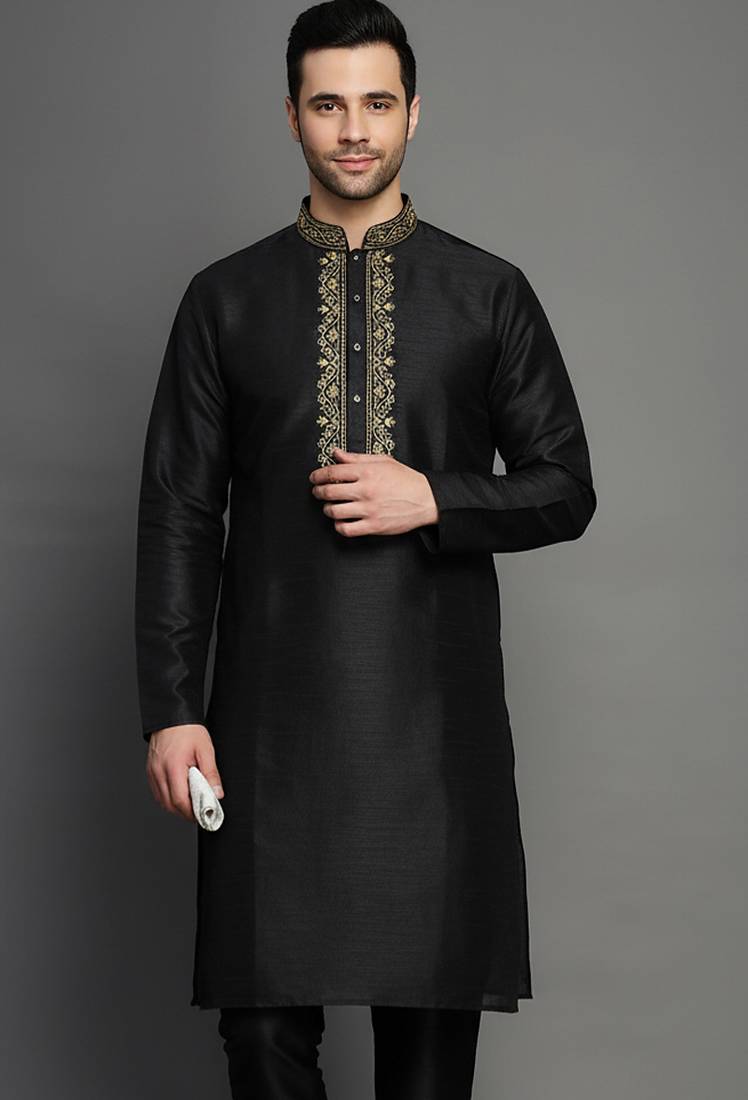 Black embroidered dupion silk kurta