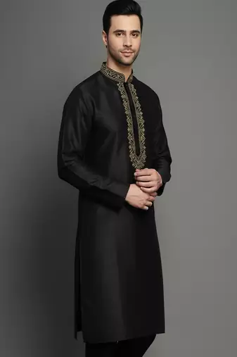 Black embroidered dupion silk kurta