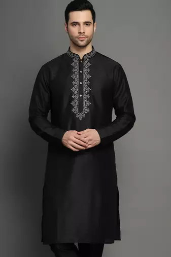 Black embroidered dupion silk kurta