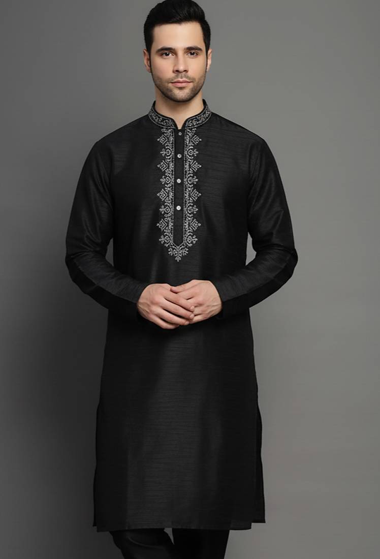 Black embroidered dupion silk kurta