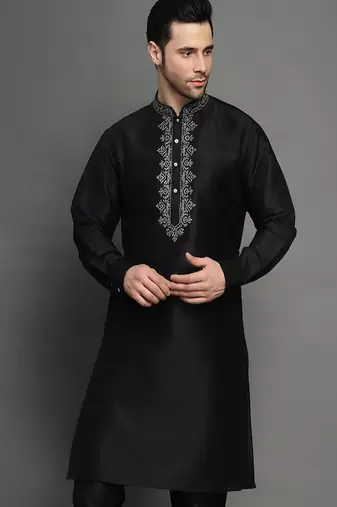 Black embroidered dupion silk kurta