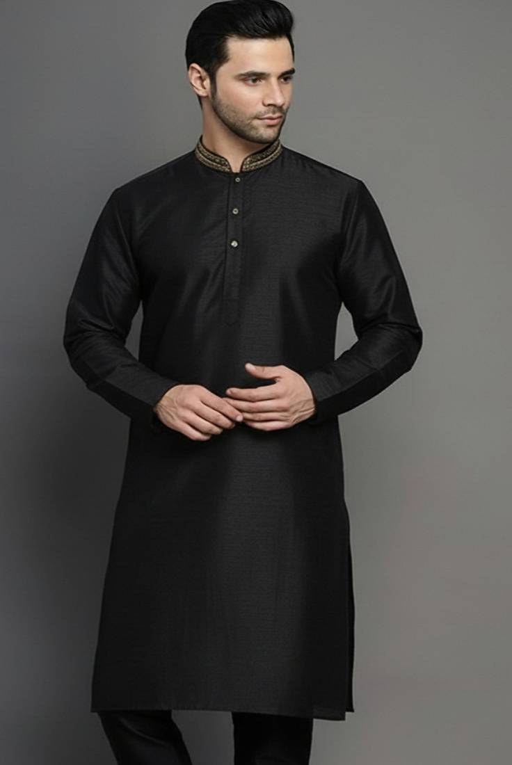Black embroidered dupion silk kurta