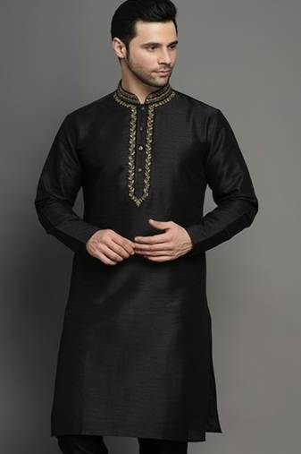 Black embroidered dupion silk kurta