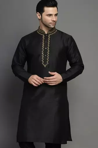 Black embroidered dupion silk kurta
