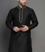 Black embroidered dupion silk kurta