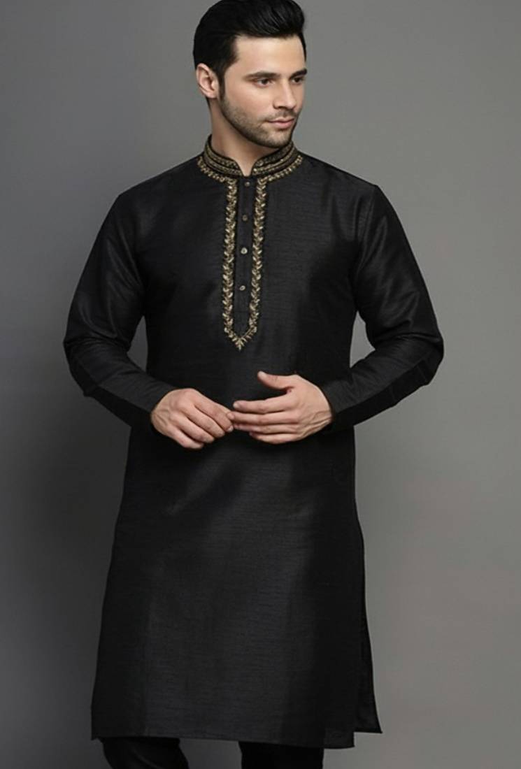 Black embroidered dupion silk kurta