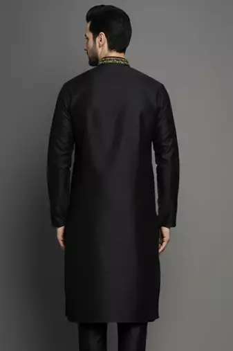 Black embroidered dupion silk kurta
