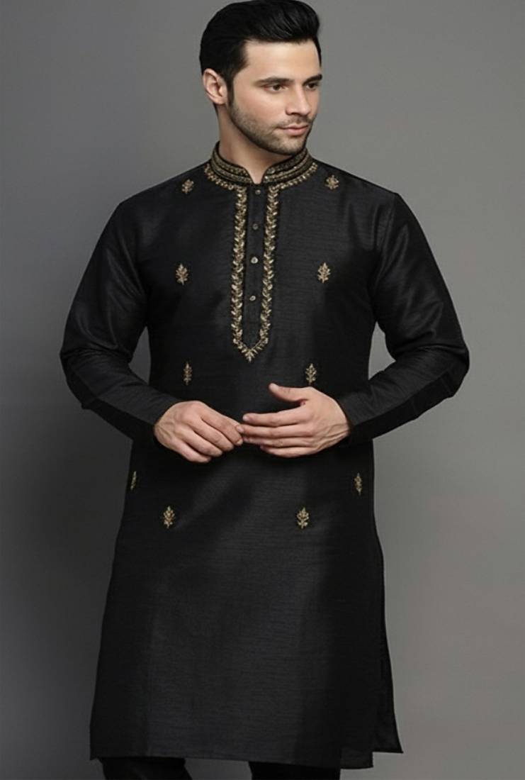 Black embroidered dupion silk kurta