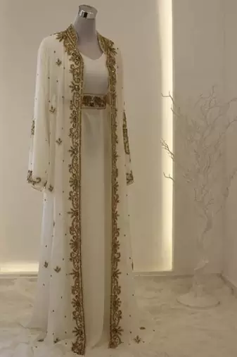 Grand white georgette kaftan dress with zari work | luxury party & wedding wear