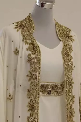 Grand white georgette kaftan dress with zari work | luxury party & wedding wear
