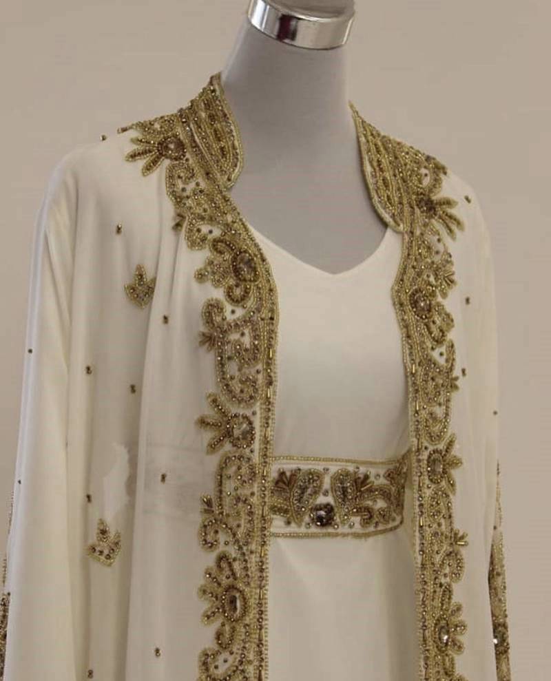 Grand white georgette kaftan dress with zari work | luxury party & wedding wear