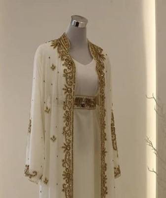 Grand white georgette kaftan dress with zari work | luxury party & wedding wear 3
