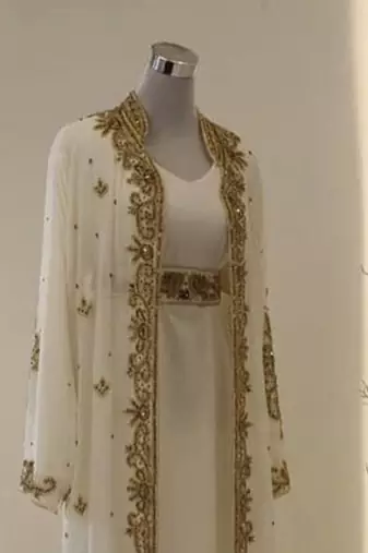 Grand white georgette kaftan dress with zari work | luxury party & wedding wear