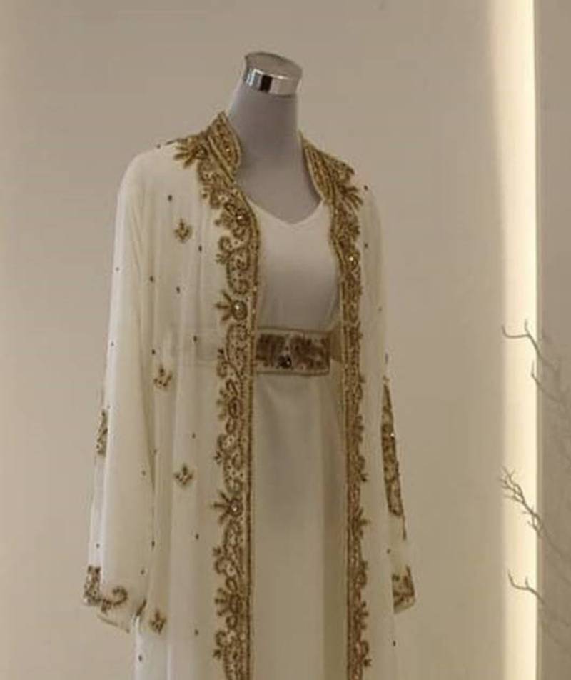 Grand white georgette kaftan dress with zari work | luxury party & wedding wear