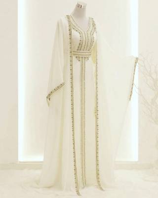 white georgette kaftan gown with gold zari work 1