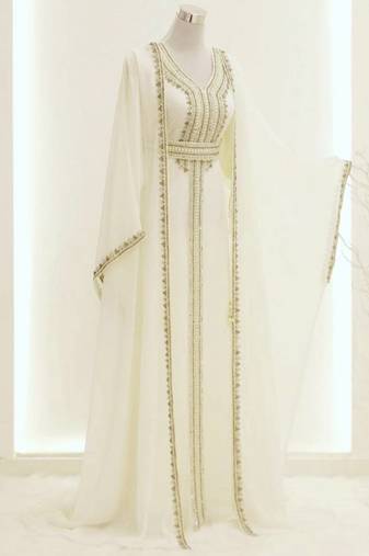 white georgette kaftan gown with gold zari work