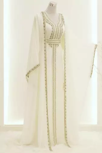 white georgette kaftan gown with gold zari work