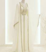 white georgette kaftan gown with gold zari work