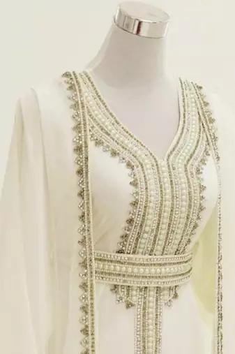 white georgette kaftan gown with gold zari work