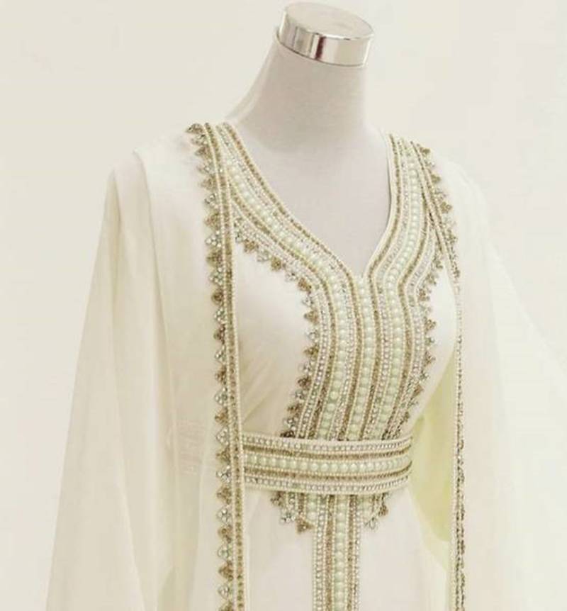 white georgette kaftan gown with gold zari work
