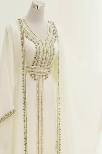 white georgette kaftan gown with gold zari work