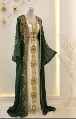 Green georgette kaftan gown with gold zari work 1