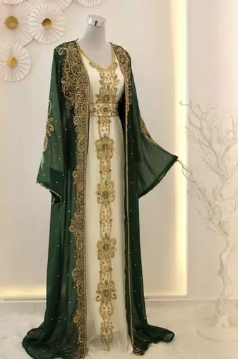 Green georgette kaftan gown with gold zari work