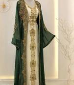 Green georgette kaftan gown with gold zari work