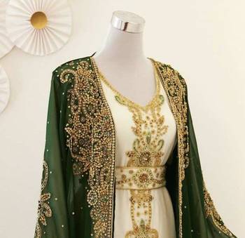 Green georgette kaftan gown with gold zari work 2