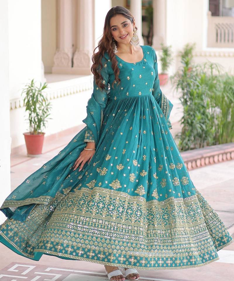 Rama crunchy sequins embroidered flared gown with heavy dupatta