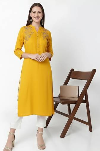 Yellow embroidered rayon kurta Pant