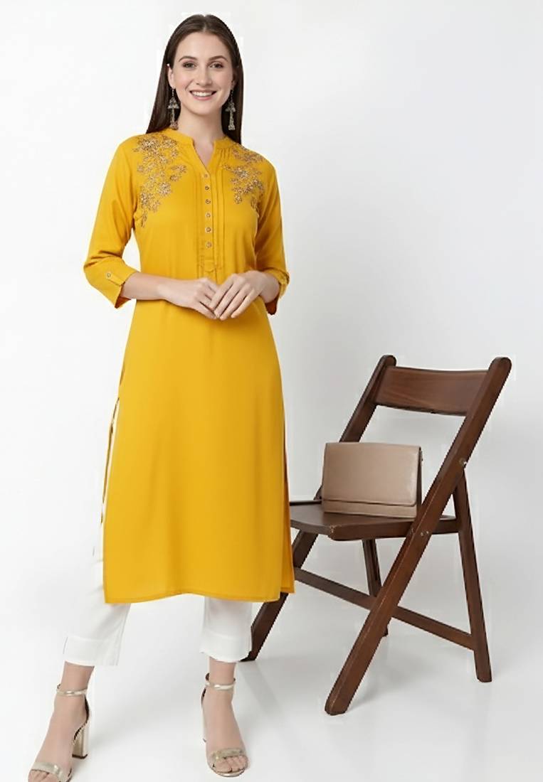 Yellow embroidered rayon kurta Pant