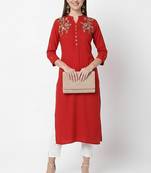 Red embroidered rayon kurta Pant