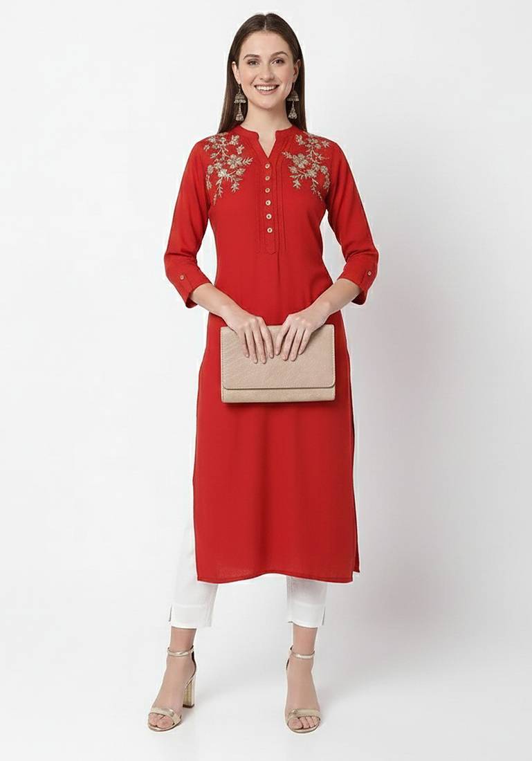 Red embroidered rayon kurta Pant