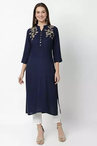 Navy embroidered rayon kurta Pant