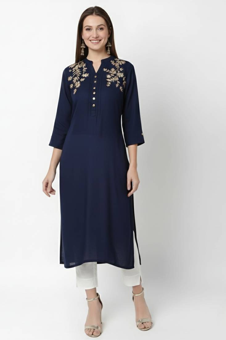 Navy embroidered rayon kurta Pant