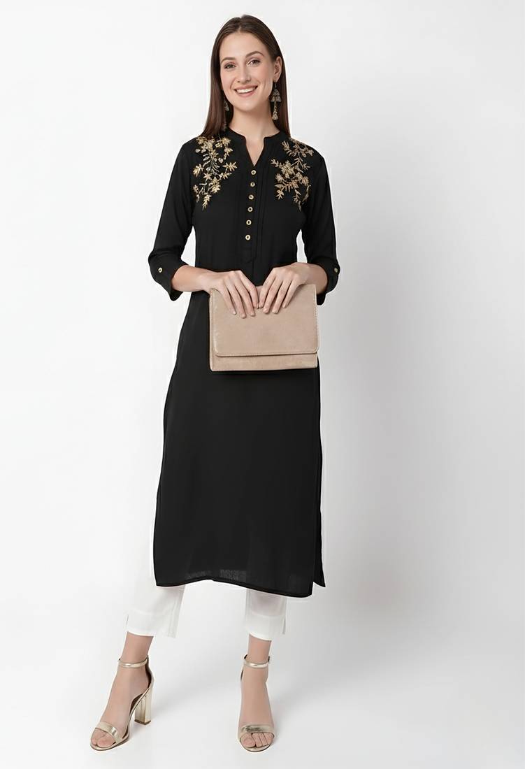 Black embroidered rayon kurta Pant