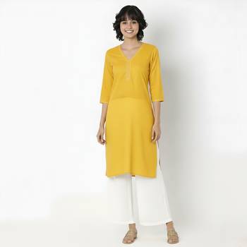 Yellow embroidered rayon kurta palazzo 1
