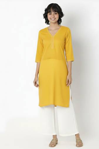 Yellow embroidered rayon kurta palazzo