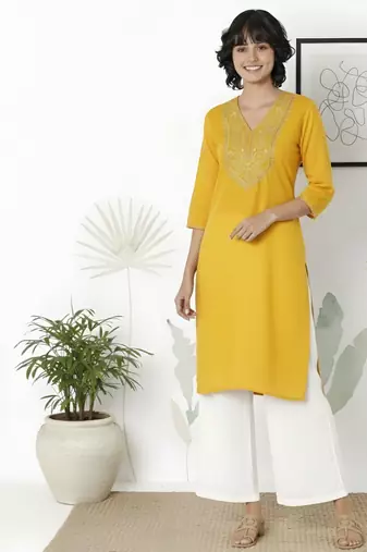 Yellow embroidered rayon kurta palazzo