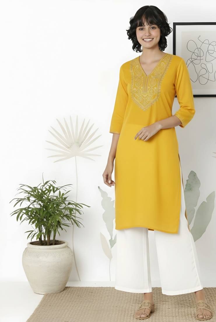 Yellow embroidered rayon kurta palazzo