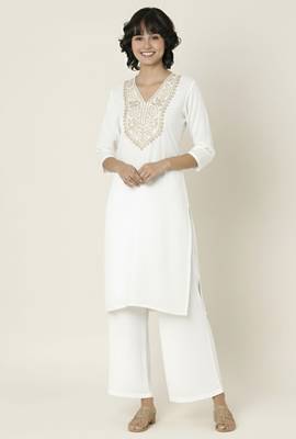 White embroidered rayon kurta palazzo 1