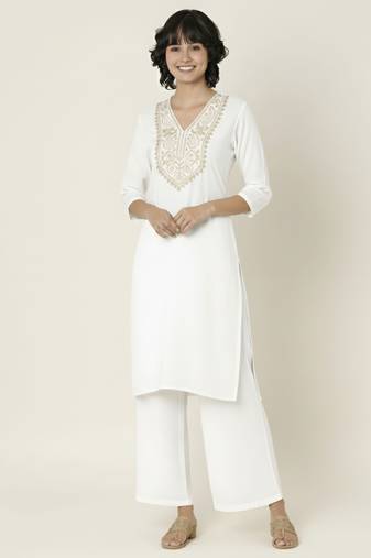 White embroidered rayon kurta palazzo