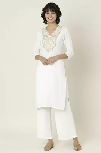 White embroidered rayon kurta palazzo