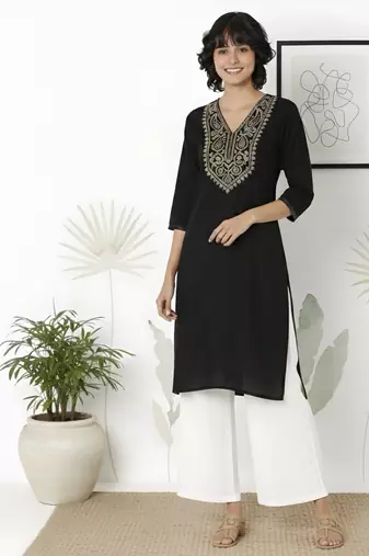Navy embroidered rayon kurta palazzo